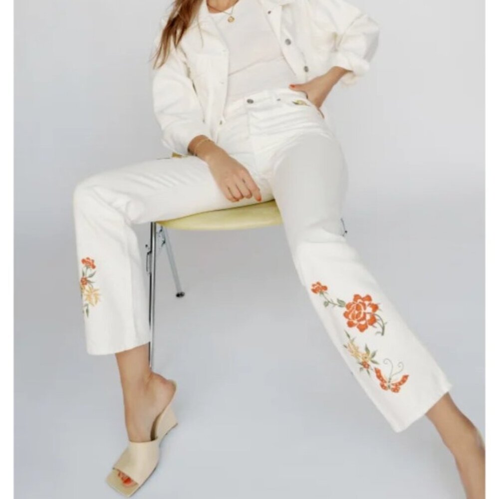 Reformation Jeans Cynthia High Rise Straight in White Embroidered, Floral Sz 23